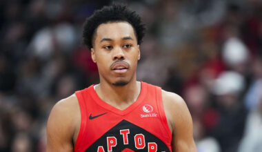 Apr 12, 2026; Toronto, Ontario, CAN;  Toronto Raptors Scottie Barnes (4) during the first half against the Brooklyn Nets at Scotiabank Arena. Mandatory Credit: Kevin Sousa-Imagn Images