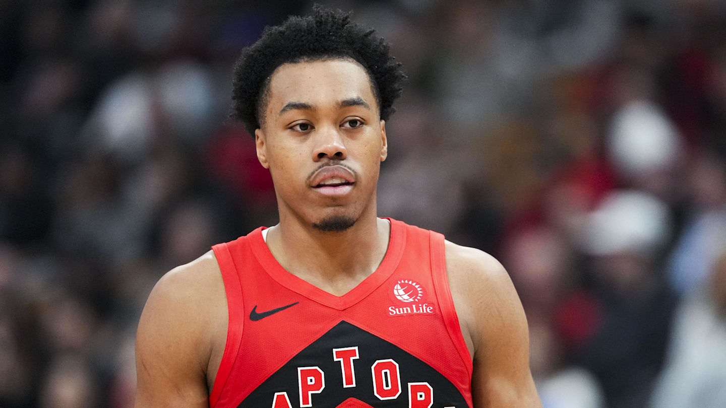 Apr 12, 2026; Toronto, Ontario, CAN;  Toronto Raptors Scottie Barnes (4) during the first half against the Brooklyn Nets at Scotiabank Arena. Mandatory Credit: Kevin Sousa-Imagn Images