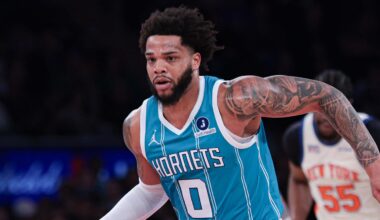 Apr 12, 2026; New York, New York, USA; Charlotte Hornets forward Miles Bridges (0) dribbles up court against the New York Knicks during the first half at Madison Square Garden. Mandatory Credit: Vincent Carchietta-Imagn Images