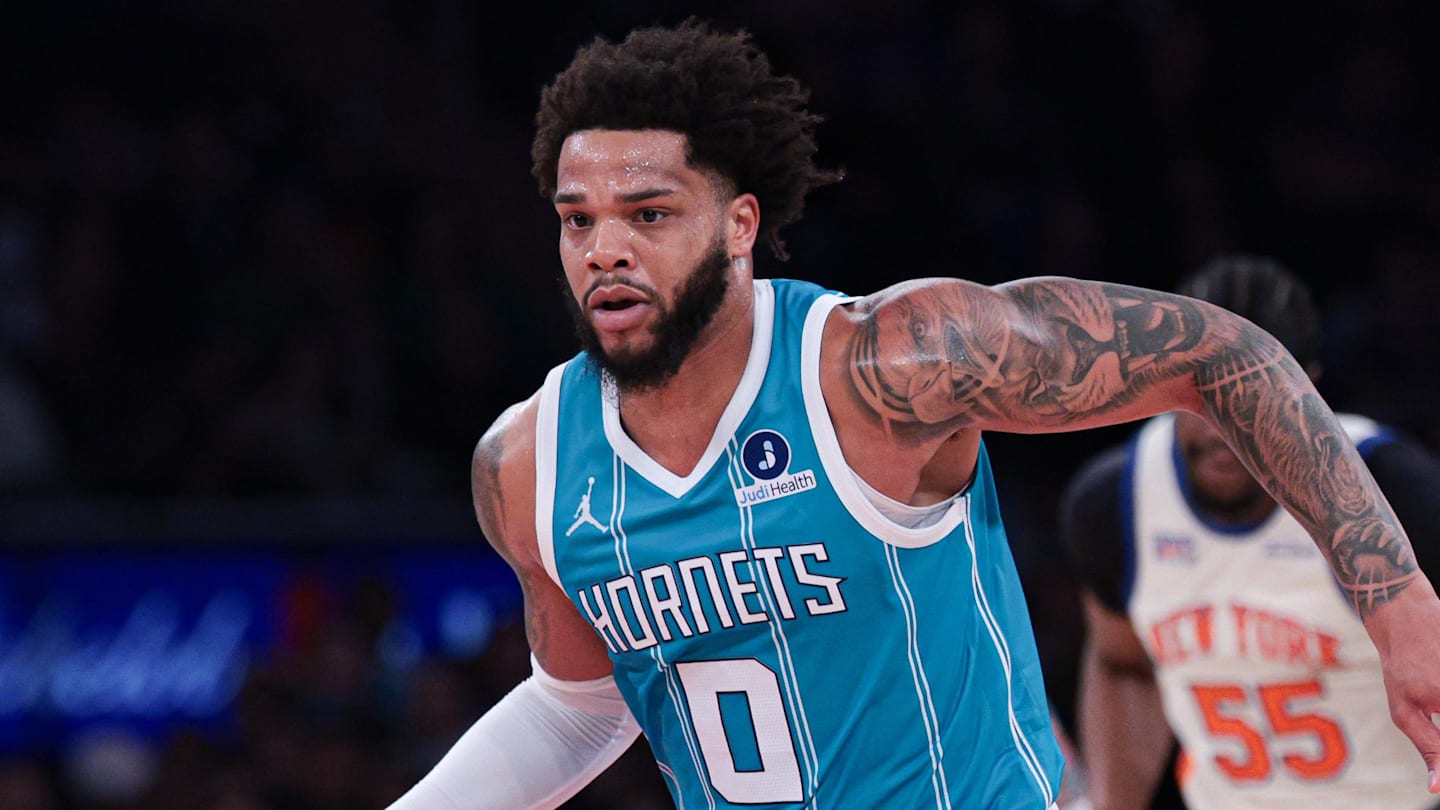 Apr 12, 2026; New York, New York, USA; Charlotte Hornets forward Miles Bridges (0) dribbles up court against the New York Knicks during the first half at Madison Square Garden. Mandatory Credit: Vincent Carchietta-Imagn Images