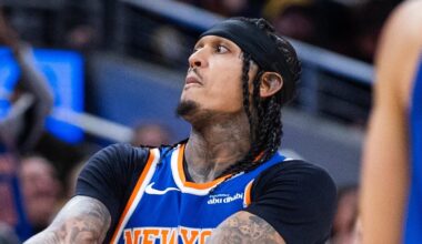 Mar 13, 2026; Indianapolis, Indiana, USA; New York Knicks guard Jordan Clarkson (00) celebrates a made basket in the second half against the Indiana Pacers at Gainbridge Fieldhouse. Mandatory Credit: Trevor Ruszkowski-Imagn Images
