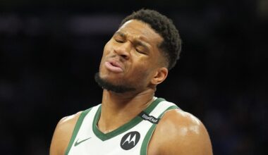 Milwaukee Bucks forward Giannis Antetokounmpo reacts against the Sacramento Kings at Golden 1 Center on March 22, 2025.