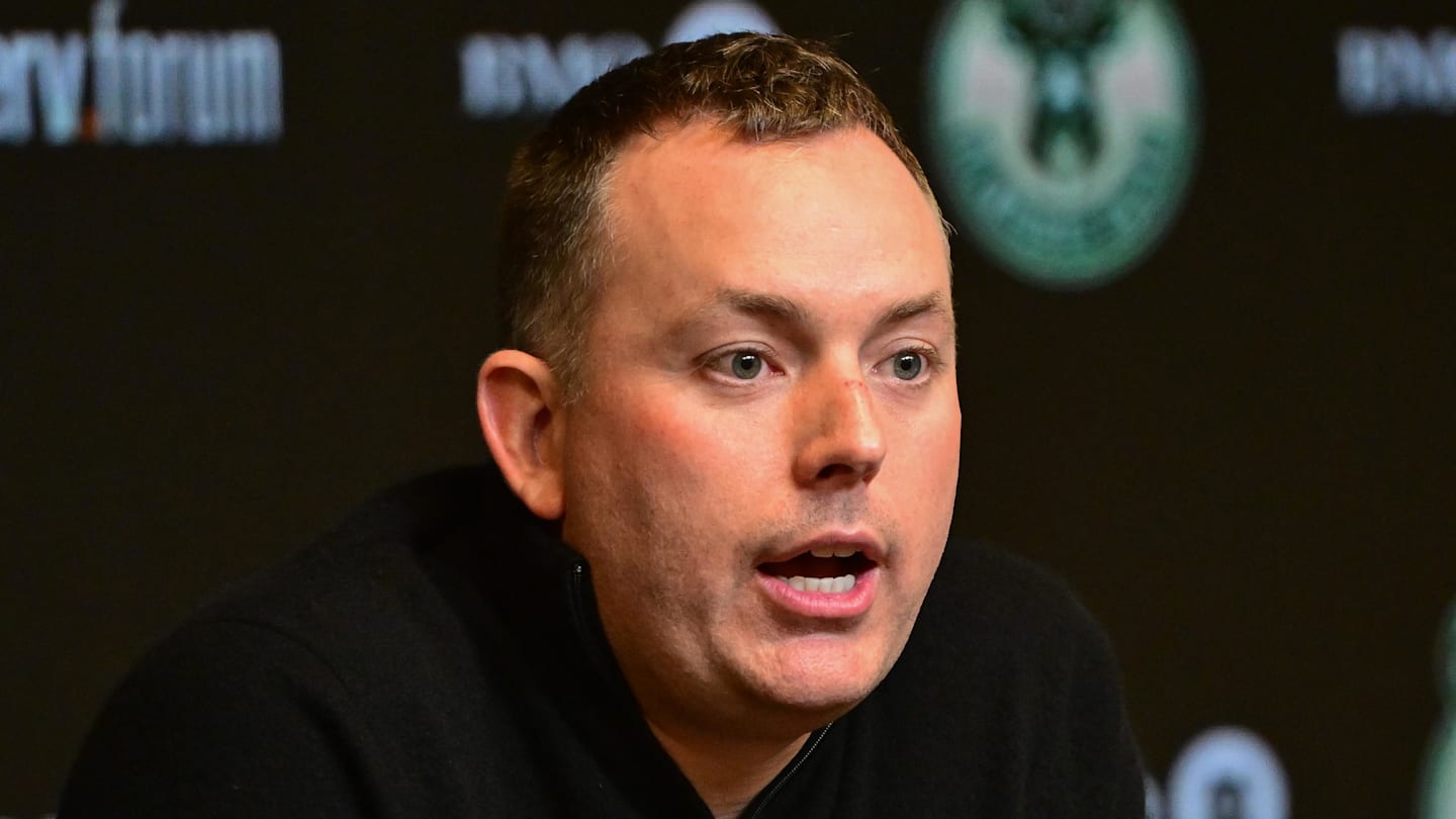 Milwaukee Bucks general manager Jon Horst addresses the media after head coach Adrian Griffin (not pictured) was dismissed at Fiserv Forum on January 24, 2024.