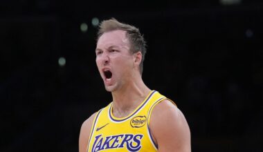 Los Angeles Lakers guard Luke Kennard (10) celebrates against the Houston Rockets in the second half during game one of the first round of the 2026 NBA Playoffs at Crypto.com Arena on Apr 18, 2026.