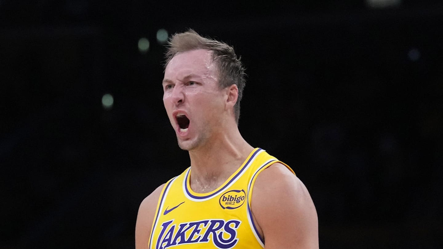 Los Angeles Lakers guard Luke Kennard (10) celebrates against the Houston Rockets in the second half during game one of the first round of the 2026 NBA Playoffs at Crypto.com Arena on Apr 18, 2026.