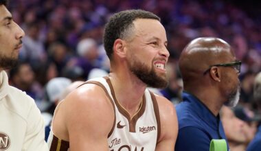 Apr 10, 2026; Sacramento, California, USA; Golden State Warriors guard Stephen Curry (30) reacts on the bench against the Sacramento Kings during the second quarter at Golden 1 Center. Mandatory Credit: Robert Edwards-Imagn Images