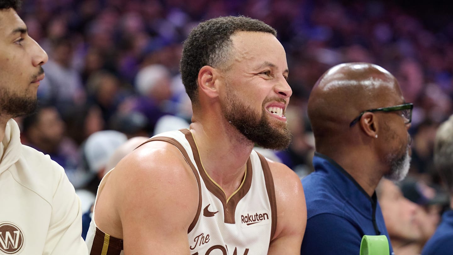 Apr 10, 2026; Sacramento, California, USA; Golden State Warriors guard Stephen Curry (30) reacts on the bench against the Sacramento Kings during the second quarter at Golden 1 Center. Mandatory Credit: Robert Edwards-Imagn Images