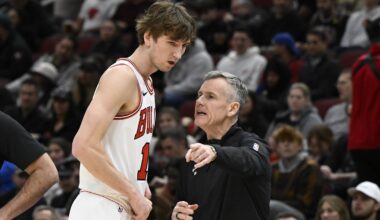 Feb 12, 2025; Chicago, Illinois, USA;  Chicago Bulls forward Matas Buzelis (14) talks with head coach Billy Donovan during the first half against the Detroit Pistons at the United Center. Mandatory Credit: Matt Marton-Imagn Images