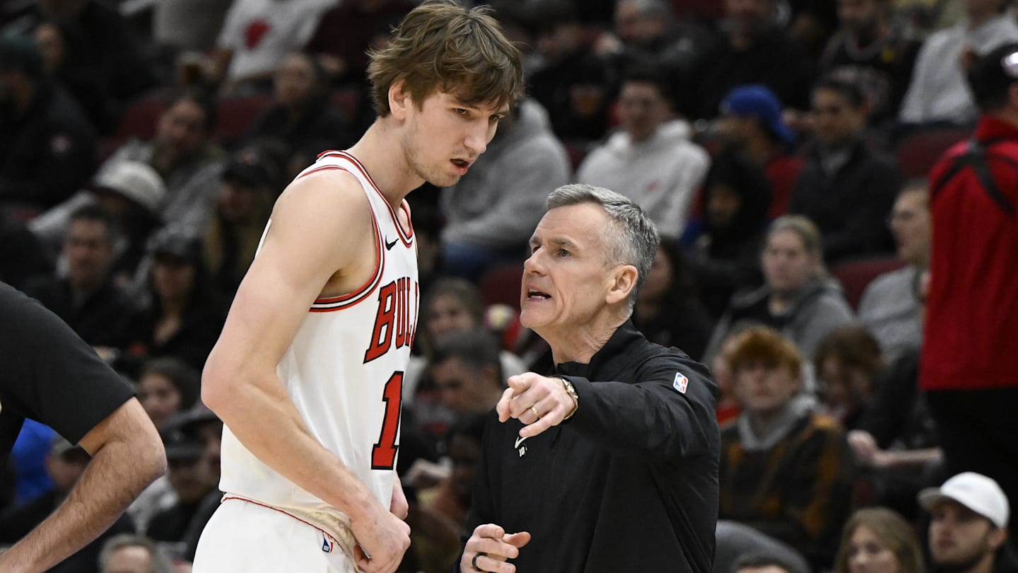Feb 12, 2025; Chicago, Illinois, USA;  Chicago Bulls forward Matas Buzelis (14) talks with head coach Billy Donovan during the first half against the Detroit Pistons at the United Center. Mandatory Credit: Matt Marton-Imagn Images