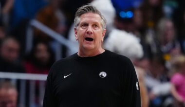 Mar 1, 2026; Denver, Colorado, USA; Minnesota Timberwolves head coach Chris Finch during the second quarter against the Denver Nuggets at Ball Arena. Mandatory Credit: Ron Chenoy-Imagn Images