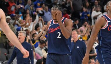 Apr 15, 2026; Inglewood, California, USA; Los Angeles Clippers forward Kawhi Leonard (2) leaves the court after being defeated by the Golden State Warriors during the play-in rounds of the 2026 NBA Playoffs at Intuit Dome. Mandatory Credit: Jayne Kamin-Oncea-Imagn Images