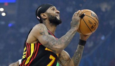 Apr 8, 2026; Cleveland, Ohio, USA; Atlanta Hawks guard Nickeil Alexander-Walker (7) looks to the basket in the first quarter against the Cleveland Cavaliers at Rocket Arena. Mandatory Credit: David Richard-Imagn Images