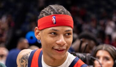 Apr 7, 2026; New Orleans, Louisiana, USA; New Orleans Pelicans guard Jeremiah Fears (0) walks off the court after the win against the Utah Jazz at Smoothie King Center. Mandatory Credit: Stephen Lew-Imagn Images