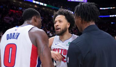 Mar 19, 2025; Miami, Florida, USA; Detroit Pistons guard Cade Cunningham (2) celebrates with center Jalen Duren (0) after the game against the Miami Heat at Kaseya Center. Mandatory Credit: Sam Navarro-Imagn Images