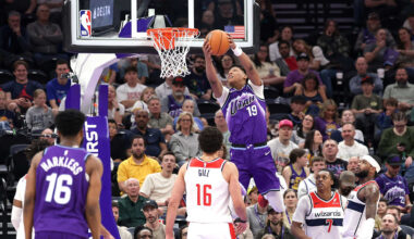 Mar 25, 2026; Salt Lake City, Utah, USA;  Utah Jazz forward Ace Bailey (19) dunks the ball against the Washington Wizards during the second quarter at Delta Center. Mandatory Credit: Chris Nicoll-Imagn Images
