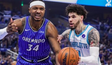 Apr 17, 2026; Orlando, Florida, USA; Orlando Magic center Wendell Carter Jr. (34) reacts during the first quarter against the Charlotte Hornets during the play-in rounds of the 2026 NBA Playoffs at Kia Center. Mandatory Credit: Mike Watters-Imagn Images