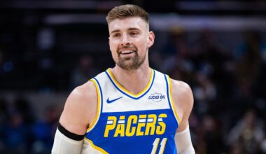 Mar 29, 2026; Indianapolis, Indiana, USA;  Indiana Pacers center Micah Potter (11) celebrates a made basket in the first half against the Miami Heat at Gainbridge Fieldhouse. Mandatory Credit: Trevor Ruszkowski-Imagn Images
