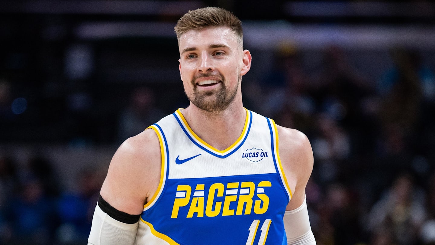 Mar 29, 2026; Indianapolis, Indiana, USA;  Indiana Pacers center Micah Potter (11) celebrates a made basket in the first half against the Miami Heat at Gainbridge Fieldhouse. Mandatory Credit: Trevor Ruszkowski-Imagn Images