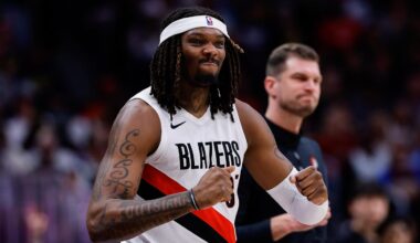 Apr 6, 2026; Denver, Colorado, USA; Portland Trail Blazers center Robert Williams III (35) reacts from the sideline in the third quarter against the Denver Nuggets at Ball Arena. Mandatory Credit: Isaiah J. Downing-Imagn Images