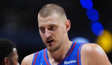 Apr 20, 2026; Denver, Colorado, USA; Denver Nuggets center Nikola Jokic (15) walks to the bench in the second quarter against the Minnesota Timberwolves during game two of the first round of the 2026 NBA Playoffs at Ball Arena. Mandatory Credit: Ron Chenoy-Imagn Images