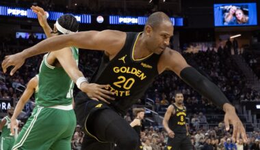 Feb 19, 2026; San Francisco, California, USA; Golden State Warriors center Al Horford (20) and Boston Celtics guard Payton Pritchard (11) race after a loose ball during the third quarter at Chase Center. Mandatory Credit: D. Ross Cameron-Imagn Images