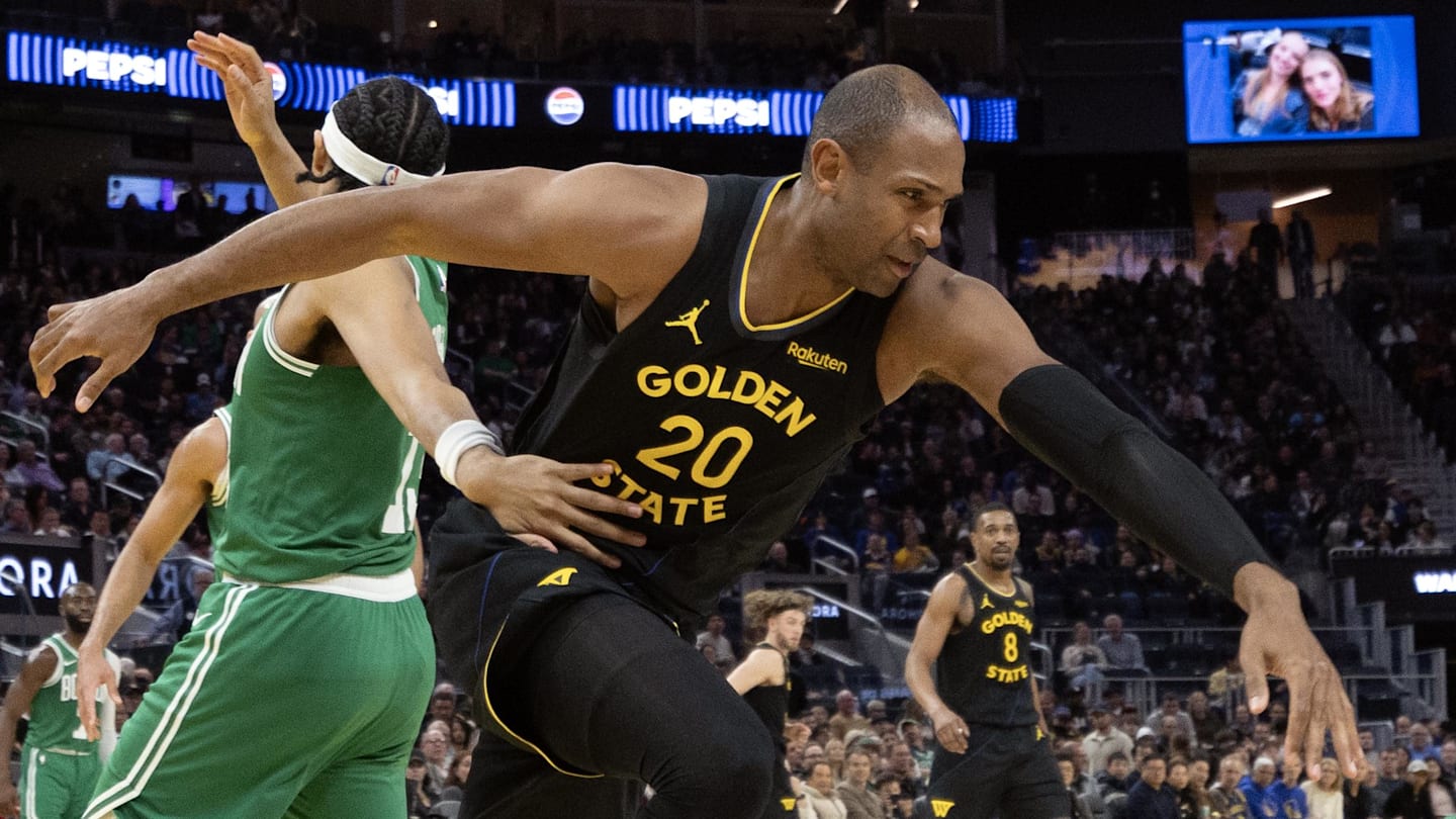 Feb 19, 2026; San Francisco, California, USA; Golden State Warriors center Al Horford (20) and Boston Celtics guard Payton Pritchard (11) race after a loose ball during the third quarter at Chase Center. Mandatory Credit: D. Ross Cameron-Imagn Images