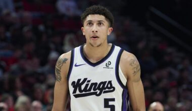 Apr 12, 2026; Portland, Oregon, USA; Sacramento Kings guard Nique Clifford (5) waits during a break during the second half in a game against the Portland Trail Blazers at Moda Center. Mandatory Credit: Troy Wayrynen-Imagn Images