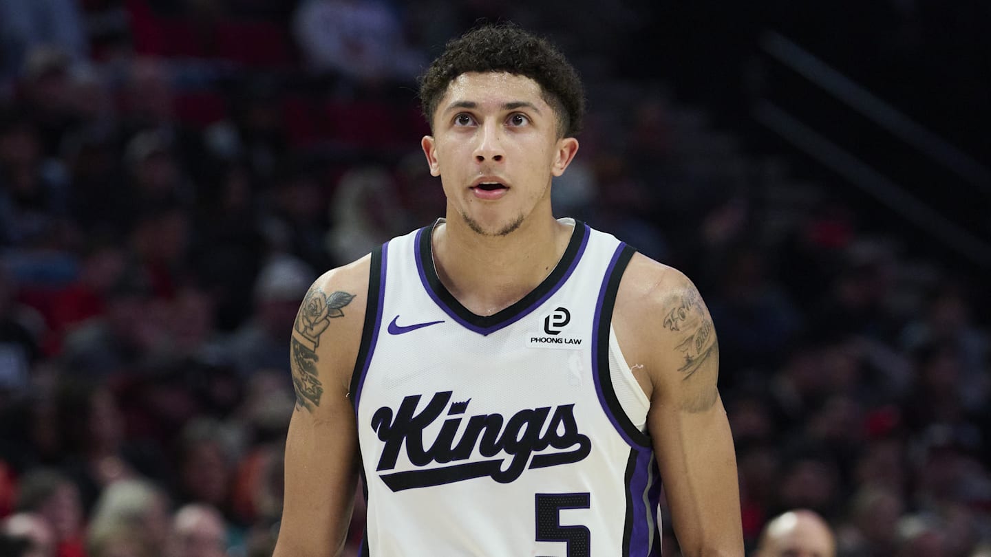 Apr 12, 2026; Portland, Oregon, USA; Sacramento Kings guard Nique Clifford (5) waits during a break during the second half in a game against the Portland Trail Blazers at Moda Center. Mandatory Credit: Troy Wayrynen-Imagn Images