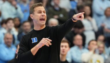 Feb 7, 2026; Chapel Hill, North Carolina, USA;  Duke Blue Devils head coach Jon Scheyer reacts in the first  half at Dean E. Smith Center. Mandatory Credit: Bob Donnan-Imagn Images