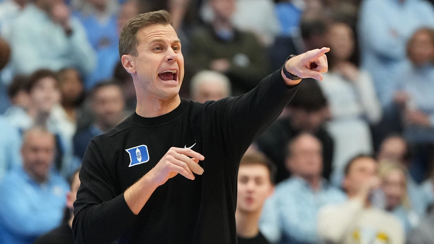 Feb 7, 2026; Chapel Hill, North Carolina, USA;  Duke Blue Devils head coach Jon Scheyer reacts in the first  half at Dean E. Smith Center. Mandatory Credit: Bob Donnan-Imagn Images