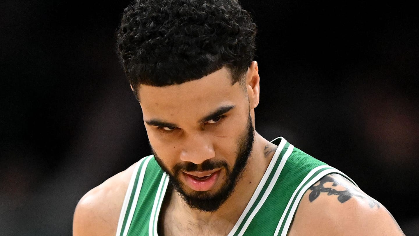 Apr 21, 2026; Boston, Massachusetts, USA; Boston Celtics forward Jayson Tatum (0) reacts after making a three-point basket against the Philadelphia 76ers In the first half of a game two of the first round of the 2026 NBA Playoffs at TD Garden. Mandatory Credit: Brian Fluharty-Imagn Images