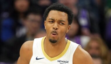 Apr 3, 2026; Sacramento, California, USA; New Orleans Pelicans forward Trey Murphy III (25) reacts after dunking against the Sacramento Kings during the third quarter at Golden 1 Center. Mandatory Credit: Darren Yamashita-Imagn Images