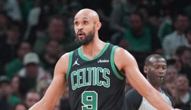 Apr 5, 2026; Boston, Massachusetts, USA; Boston Celtics guard Derrick White (9) reacts to a call on the court during the first half at TD Garden. Mandatory Credit: Gregory Fisher-Imagn Images