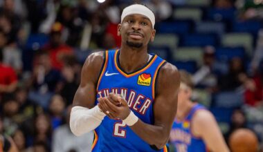 Nov 17, 2025; New Orleans, Louisiana, USA;  Oklahoma City Thunder guard Shai Gilgeous-Alexander (2) reacts after a play against the New Orleans Pelicans during the second half at Smoothie King Center. Mandatory Credit: Stephen Lew-Imagn Images
