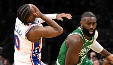 Apr 21, 2026; Boston, Massachusetts, USA; Boston Celtics guard Jaylen Brown (7) fouls Philadelphia 76ers guard Tyrese Maxey (0) in the second half of a game two of the first round of the 2026 NBA Playoffs at TD Garden. Mandatory Credit: Brian Fluharty-Imagn Images
