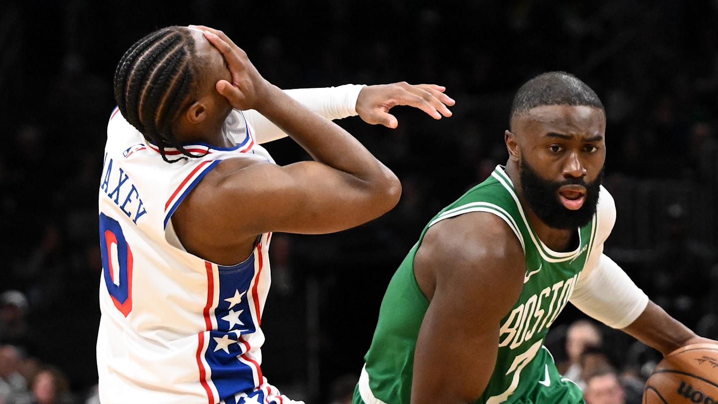 Apr 21, 2026; Boston, Massachusetts, USA; Boston Celtics guard Jaylen Brown (7) fouls Philadelphia 76ers guard Tyrese Maxey (0) in the second half of a game two of the first round of the 2026 NBA Playoffs at TD Garden. Mandatory Credit: Brian Fluharty-Imagn Images