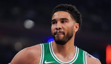 Apr 9, 2026; New York, New York, USA; Boston Celtics forward Jayson Tatum (0) looks on during the first half against the New York Knicks at Madison Square Garden. Mandatory Credit: Lucas Boland-Imagn Images