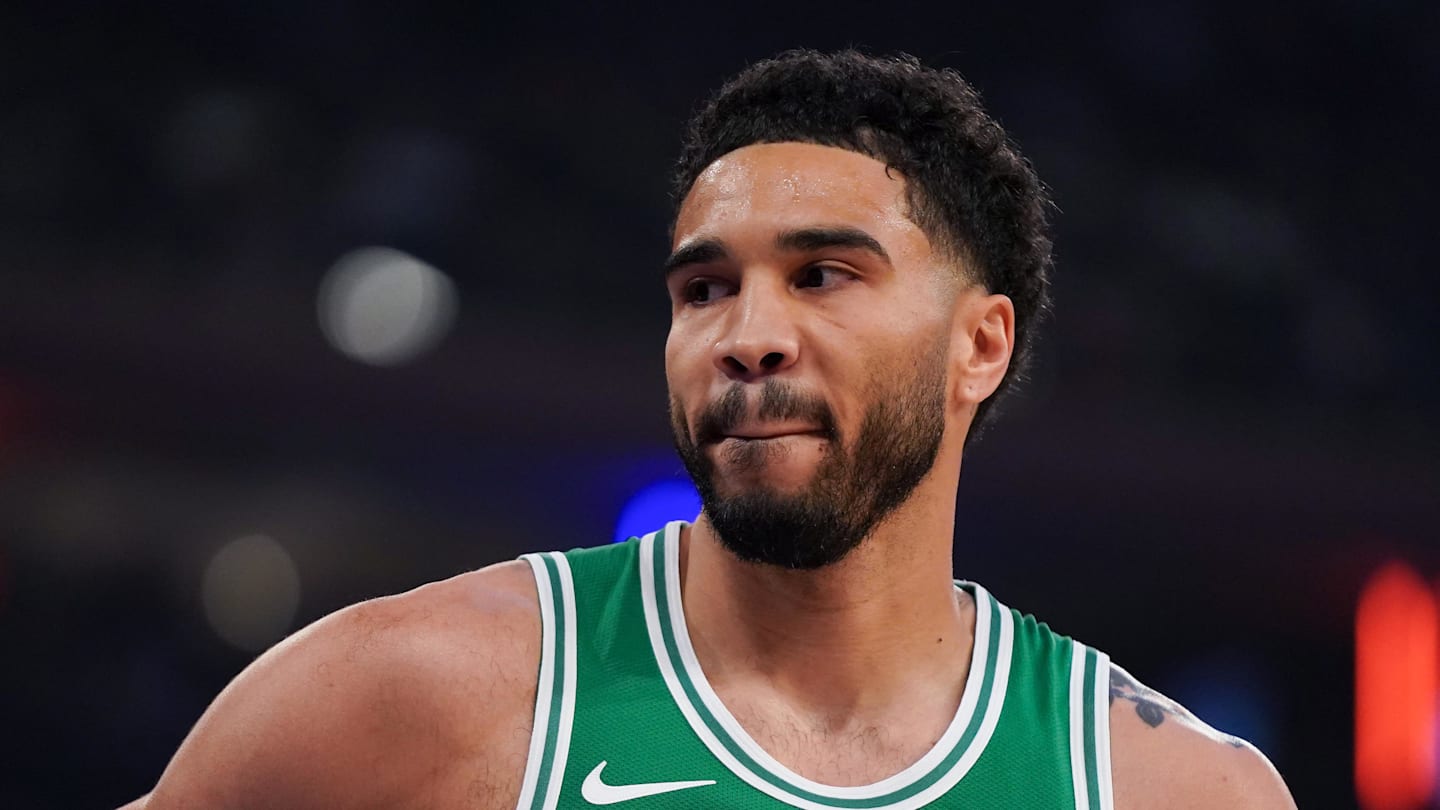 Apr 9, 2026; New York, New York, USA; Boston Celtics forward Jayson Tatum (0) looks on during the first half against the New York Knicks at Madison Square Garden. Mandatory Credit: Lucas Boland-Imagn Images
