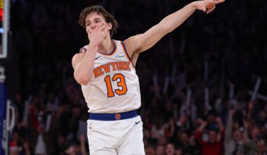Dec 25, 2025; New York, New York, USA; New York Knicks guard Tyler Kolek (13) reacts after making a three point basket during the second half against the Cleveland Cavaliers at Madison Square Garden. Mandatory Credit: Vincent Carchietta-Imagn Images