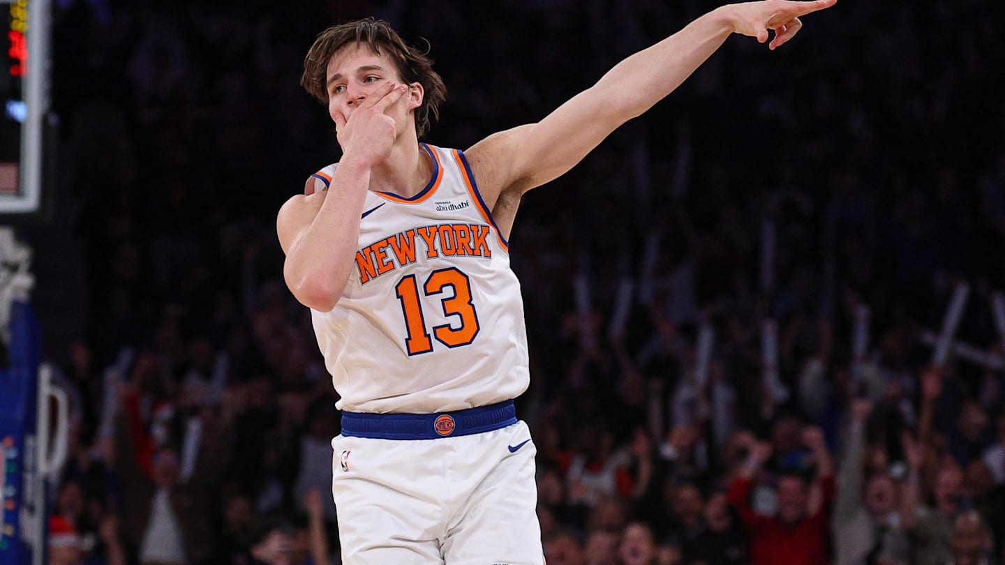 Dec 25, 2025; New York, New York, USA; New York Knicks guard Tyler Kolek (13) reacts after making a three point basket during the second half against the Cleveland Cavaliers at Madison Square Garden. Mandatory Credit: Vincent Carchietta-Imagn Images