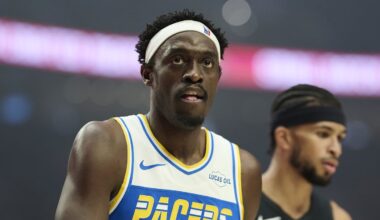 Mar 8, 2026; Portland, Oregon, USA; Indiana Pacers forward Pascal Siakam (43) looks on during a break in the action during the first half against the Portland Trail Blazers at Moda Center. Mandatory Credit: Troy Wayrynen-Imagn Images
