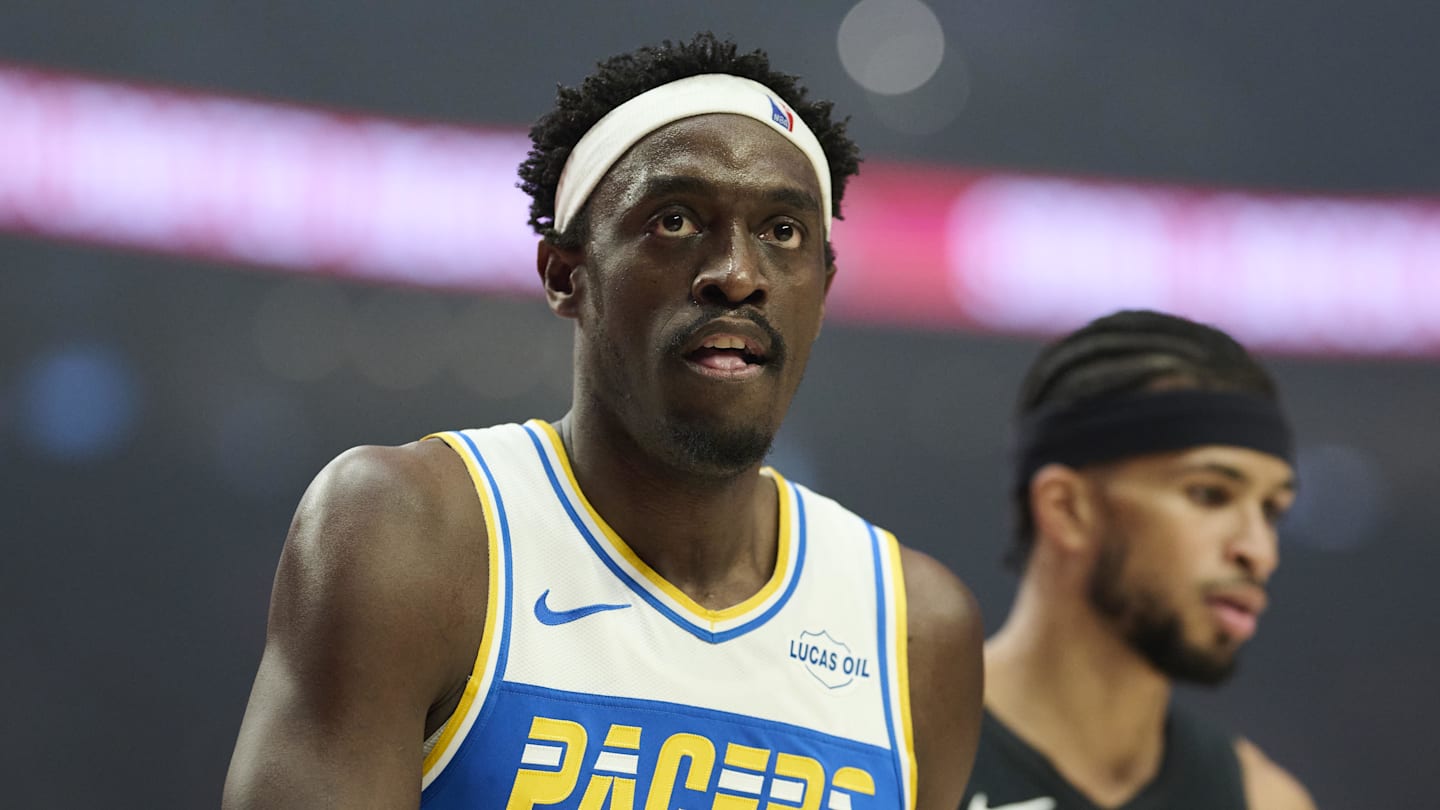 Mar 8, 2026; Portland, Oregon, USA; Indiana Pacers forward Pascal Siakam (43) looks on during a break in the action during the first half against the Portland Trail Blazers at Moda Center. Mandatory Credit: Troy Wayrynen-Imagn Images