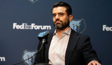 Zach Kleiman, Grizzlies president and general manager of basketball operations, listens during a press conference to introduce the team’s 2024 NBA Draft picks at FedExForum on Friday, June 28, 2024.
