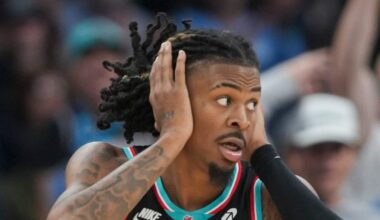 Grizzlies' Ja Morant (12) reacts after making a 3-pointer during the home opener against the New Orleans Pelicans at FedExForum on October 22, 2025.