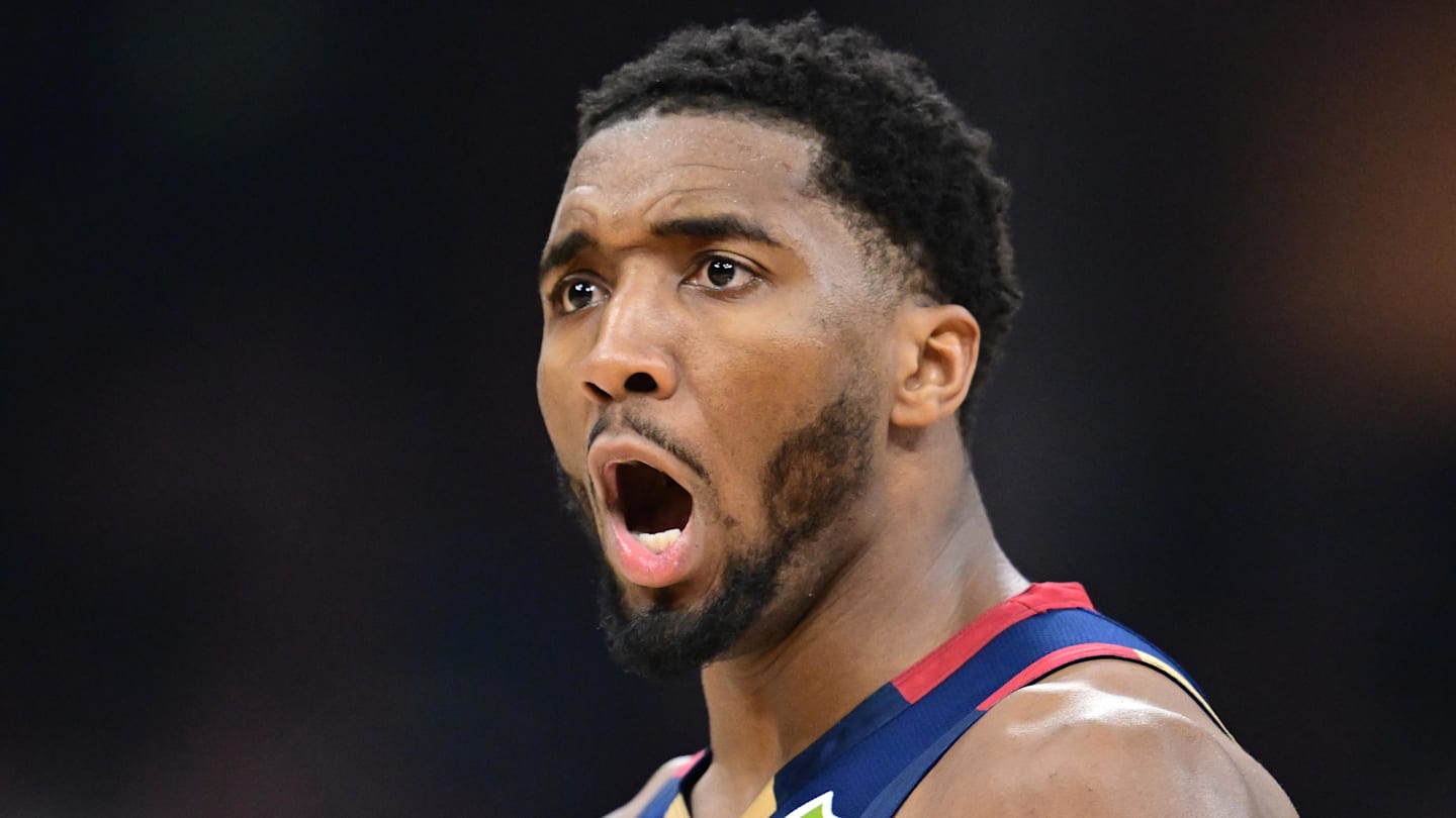 Apr 20, 2026; Cleveland, Ohio, USA; Cleveland Cavaliers guard Donovan Mitchell (45) reacts after a made basket during the second half during game two of the first round of the 2026 NBA Playoffs against the Toronto Raptors at Rocket Arena. Mandatory Credit: David Dermer-Imagn Images