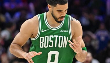 Apr 24, 2026; Philadelphia, Pennsylvania, USA; Boston Celtics forward Jayson Tatum (0) reacts after a three point basket against the Philadelphia 76ers during the second half at Xfinity Mobile Arena. Mandatory Credit: Eric Hartline-Imagn Images