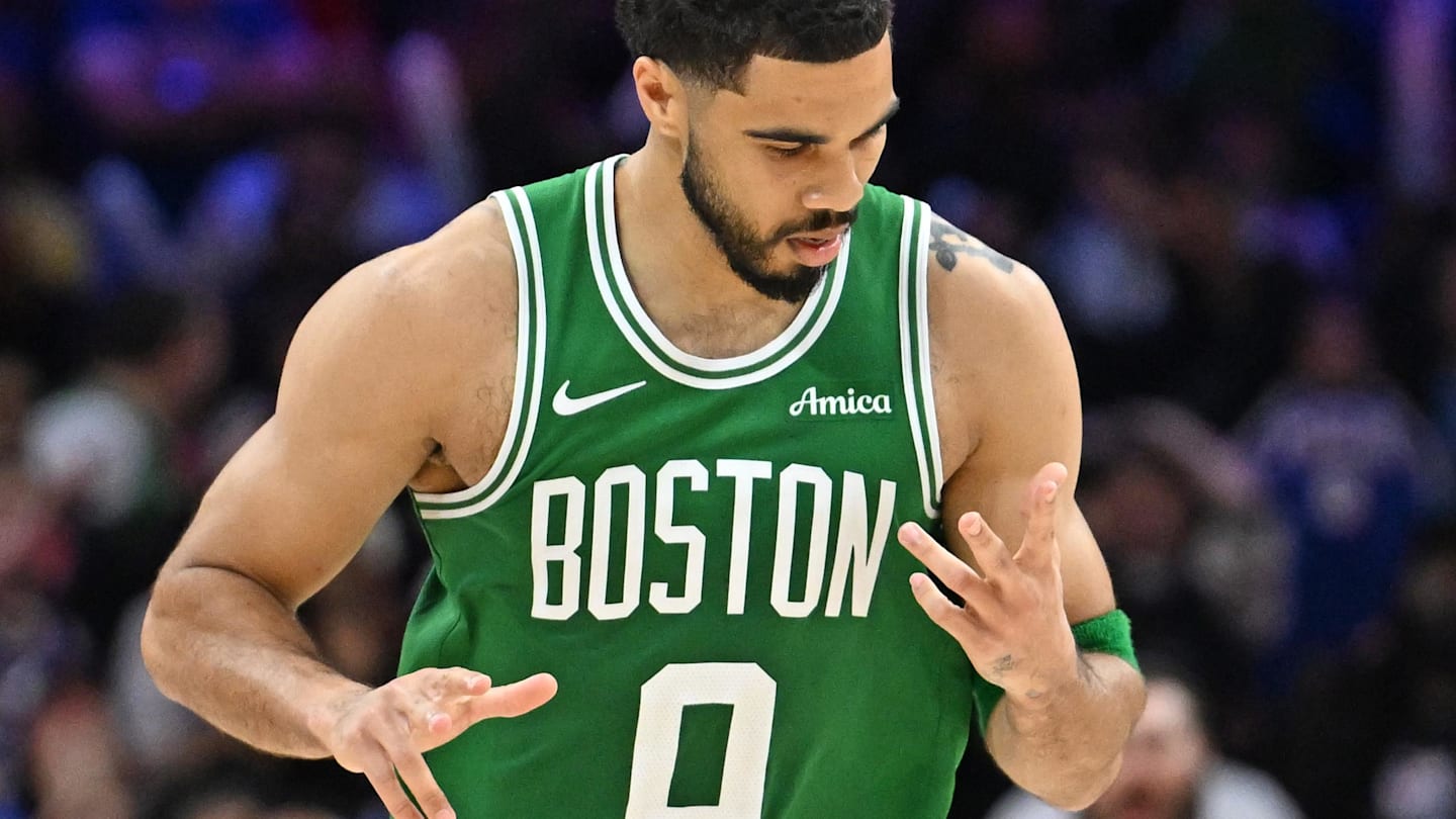 Apr 24, 2026; Philadelphia, Pennsylvania, USA; Boston Celtics forward Jayson Tatum (0) reacts after a three point basket against the Philadelphia 76ers during the second half at Xfinity Mobile Arena. Mandatory Credit: Eric Hartline-Imagn Images