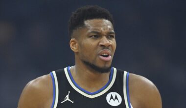 Milwaukee Bucks forward Giannis Antetokounmpo reacts against the Cleveland Cavaliers at Rocket Arena on Nov 17, 2025.