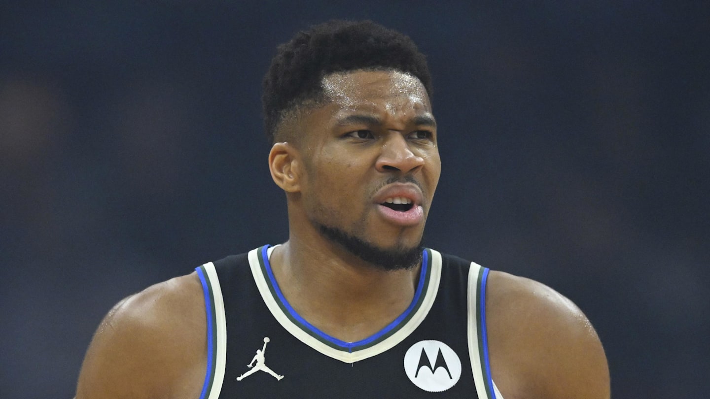 Milwaukee Bucks forward Giannis Antetokounmpo reacts against the Cleveland Cavaliers at Rocket Arena on Nov 17, 2025.