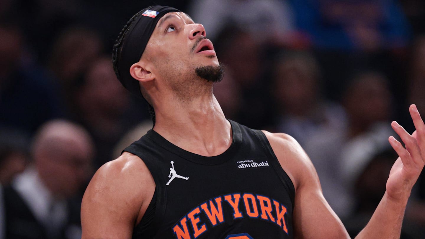 Apr 10, 2026; New York, New York, USA; New York Knicks guard Josh Hart (3) reacts during the first quarter against the Toronto Raptors at Madison Square Garden. Mandatory Credit: Vincent Carchietta-Imagn Images